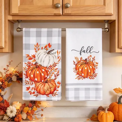 2 Toallas de Cocina de Calabaza para Otoño y Halloween, 45 x 66 cm | Súper Absorbentes, Cuadros Búfalo, Decoración Otoñal