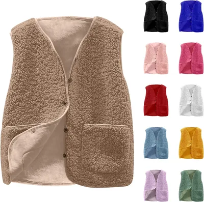 EUTAVKWE Damen Teddyweste 2026 ohne Ärmel Fleece-Weste einfacher V-Ausschnitt Fleeceknöpfe Teddywesten für den Herbst Winter warm
