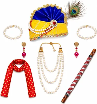 सार्वदा कृष्ण-राधा बच्चों के लिए ड्रेस - पूरी जन्मसठिम संपूर्ण पोशाक सेट धोती, लेहेंगा, मुकुट, मोर पंख, बांसुरी और सहायक