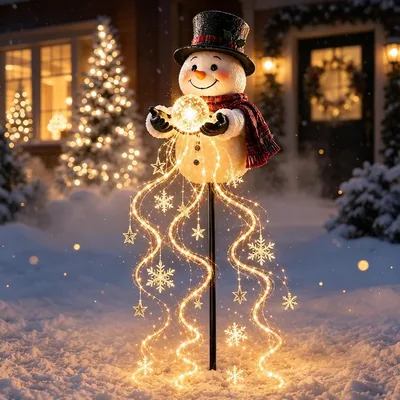 Schneemann Magische Fontäne - Schneeflocken LED Weihnachts-Gartenlicht (#1) | Weihnachts-Solar-Gartenstecklampe, Schneemann-Stab