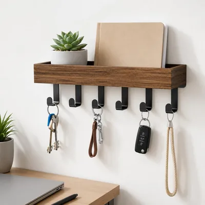 SKY-TOUCH Wooden Key Holder for Wall Storage Organizer with Shelf & 6 Hooks - Rustic Design
