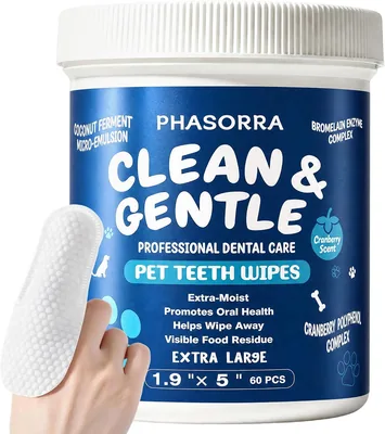 PHASORRA Pet Teeth Cleaning Wipes, Toothbrush & Toothpaste Alternatives | 60 Ct Extra-Large & Moist 