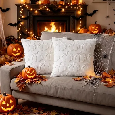 NEOROSVIKA 2 Fundas de Almohada de Otoño y Halloween, Funda de Cojín Cuadrada 45x45cm con Bordado de Calabaza, Felpa Suave Dec