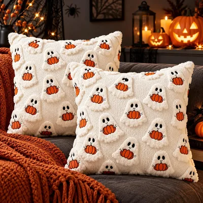 2 Fundas de Almohada de Otoño y Halloween, Funda de Cojín Cuadrada 45x45cm con Bordado de Calabaza, Felpa Suave Decorativa para Dormitorio