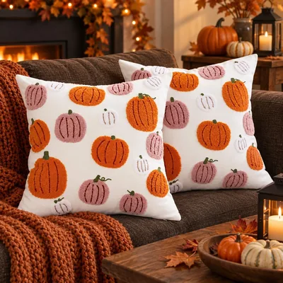 2 Fundas de Almohada de Otoño y Halloween, Funda de Cojín Cuadrada 45x45cm con Bordado de Calabaza, Felpa Suave Decorativa