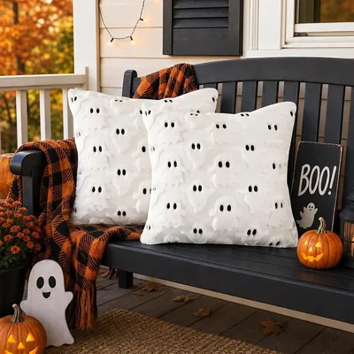 2 Fundas de Almohada de Otoño y Halloween, Funda de Cojín Cuadrada 45x45cm con Bordado de Calabaza, Felpa Suave Decorativa