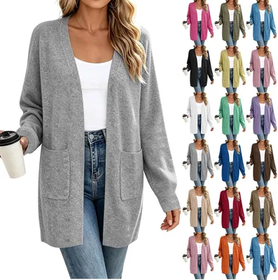 Women's Long Sleeve Cardigan Sweater with Pocket - Fall Outerwear