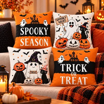 Juego de 4 Fundas de Almohada para Halloween, Diseños de Fantasmas