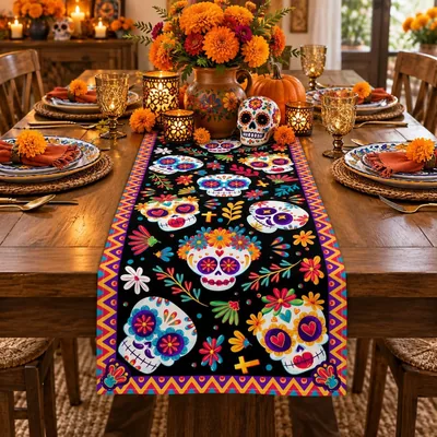 Camino de Mesa Dia de Muertos Halloween, Mantel de Calavera Azúcar 33x230cm