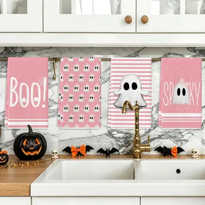 Neorosiska Juego de 4 Toallas de Cocina de Halloween con Diseño de Calabazas y Murciélagos