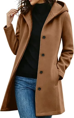 Mid Length Hooded Trench Coat Women Wool Jacket Long Sleeve Button Down S