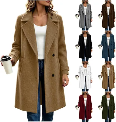 Women's Wool Blend Long Coat - Notch Lapel Trench Coat