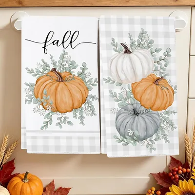 Juego de 2 Toallas de Cocina de Otoño, Diseño de Calabaza y Hojas, 45x66cm, Algodón para Secado