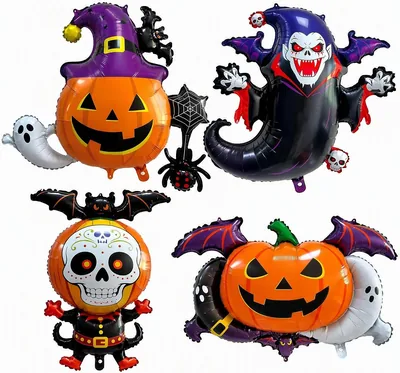 Set de 4 Globos de Aluminio para Decoración de Halloween | Superficie resistente, inflado fácil, 4 diseños exclusivos
