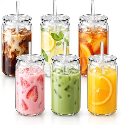 6 Pcs 16oz Iced Coffee Cups with Lids & Straws
