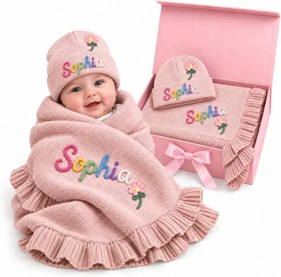 Personalized Baby Blanket with Knit Beanie Gift Set - Custom Embroidery
