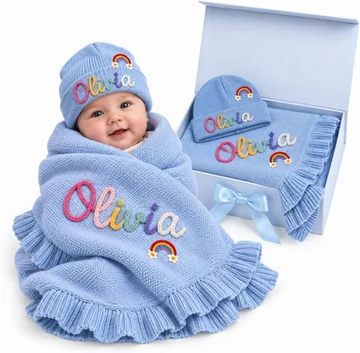 Personalized Baby Blanket Knit Beanie Gift Set - Custom Name Embroidery