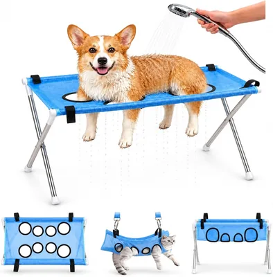 Hamaca para Baño de Perro Genérico, Soporte para Aseo de Perro Pliable (Azul) | Marco de Acero Inoxidable, Malla Secado Rápido y 8 Agujeros para Brazos
