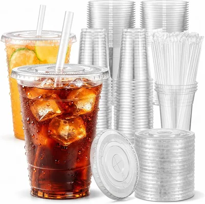 100 Plastic Cups with Lids & Straws 500ml