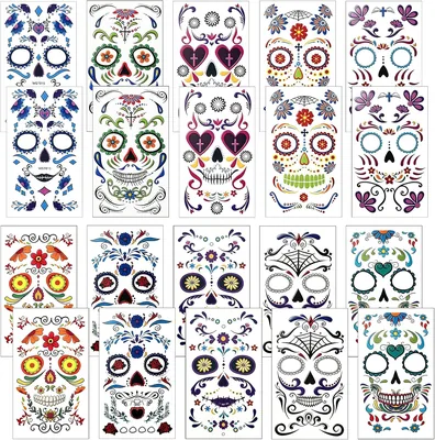20 Piezas Tatuajes Temporales de Día de Muertos para Rostro | Tatuajes Faciales de Calaveras de Azúcar Impermeables