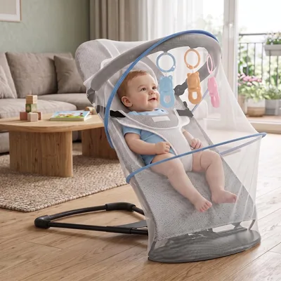 Topika Baby Bouncer with Mosquito Net, Foldable Rocking Chair