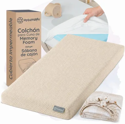 Colchón para Cuna Esquimal con Sábana de Algodón 100%, 2.5 cm de Espuma Memoria, Base Antideslizante, Funda Interior