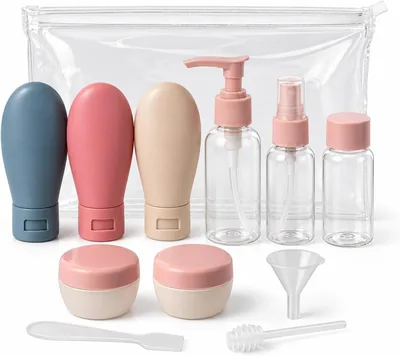 Kit de Viagem com Frascos e Necessaire Transparente - Recipientes Reutilizáveis para Shampoo, Condicionador e Cremes