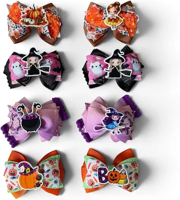 Moños para Niñas Halloween (set de 4 pares de moños) Temática Calabazas y Brujitas