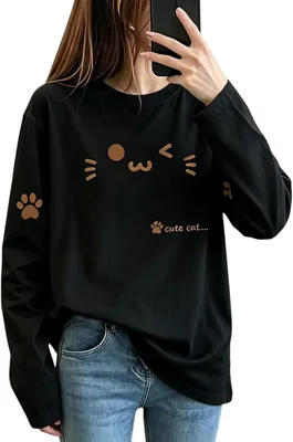 Cadolo Women's Long Sleeve T-Shirt, 100% Cotton, Kitten, Cat Pattern, Round Neck, Loose, Casual, Cut