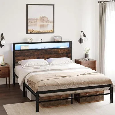 Base de Cama Matrimonial Chugod de Acero Inoxidable con Luces LED y Puertos USB