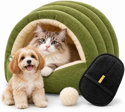 Cama y Caverna para Perro 2 en 1 con Guante de Eliminación de Pelos para Perros y Gatos Pequeños - Verde Mediano