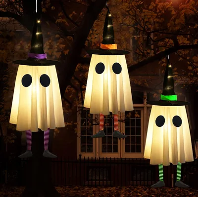 Colgantes de Halloween Fantasma 3 Piezas con Sombrero de Bruja y Luces LED, 60cm, 3 Modos Ajustables
