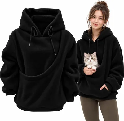 キャットキャリアー付きカンガルーフーディー、女性用、ボアフリース | 猫運搬用カンガルーフーディー