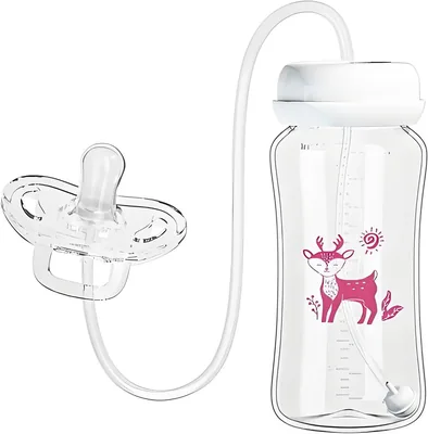 Tube-Connected Nipple Baby Bottle with Weighted Tube End, B | Wide-Mouth Opening and Straight-Sided