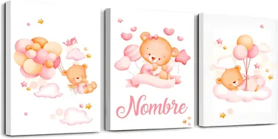 Cuadros Personalizados para Cuarto de Bebé Niña con su Nombre - 3 Piezas (Osita)