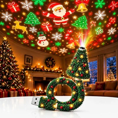 Proyector de Navidad HD, Proyector de Luz Nocturna Holográfica USB para Árbol de Navidad