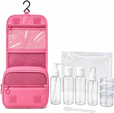 Necessaire Rosa + Kit Viagens com 9 Recipientes Organizadores Reutilizáveis | Compartimentos Múltiplos, Frascos Reutilizáveis, Gancho