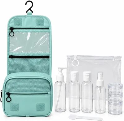 Necessaire Verde + Kit Viagens com 9 Recipientes Organizadores Reutilizáveis | Compartimentos Múltiplos, Frascos Reutilizáveis