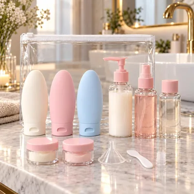Kit Frascos para Viagem 11 Peças com Necessaire Transparente Reutilizáveis
