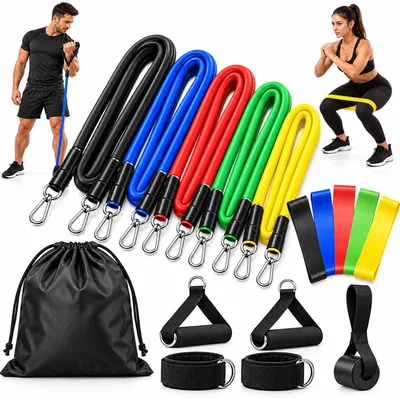 Kit com 17 Peças de Extensores Elásticos e Minibands para Exercícios Funcionais