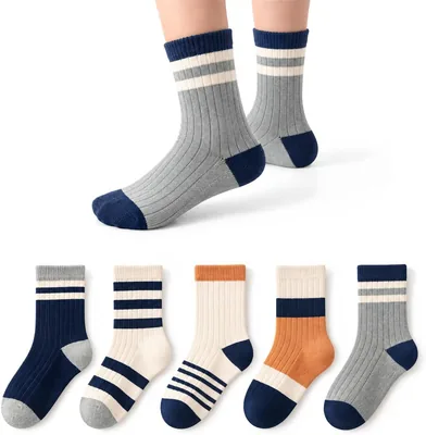 Children's Socks, Boys, Set of 5, 95% Cotton, Elementary School Socks, Crew Length, Autumn, Winter, 