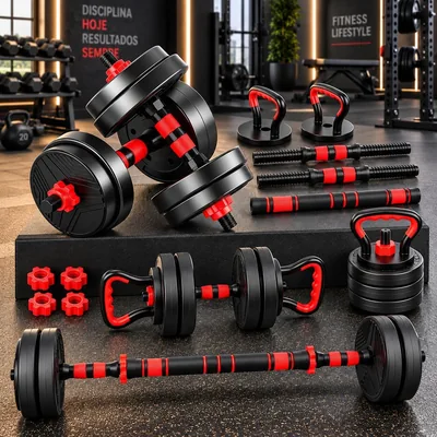 Kit Halteres Ajustáveis 6 em 1 com Barra Extensora Kettlebell até 15kg