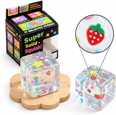 Cube Squishy Stress Relief Toy, Jelly Cube with Fruit & Flower Designs
