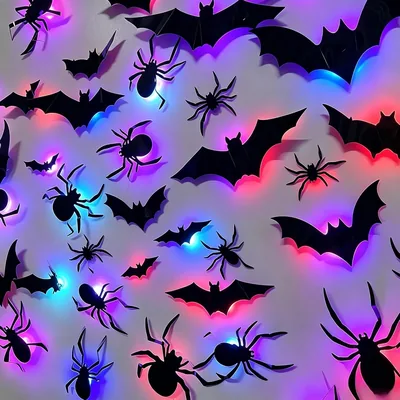 Murciélagos y Arañas de Halloween 3D con Luz LED, 30 Piezas (22 Murciélagos de 5 Tamaños y 8 Arañas) + 30 Luces de 7 Colores