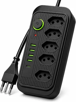 Extensão Elétrica 5 Tomadas com 4 USB + USB-C | Filtro de Linha Régua de Energia Bivolt 110V 220V | 