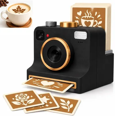 3D Printed Latte Art Camera, One-Click Manual Coffee Printer (Black) | Reusable Coffee Stencil Maker