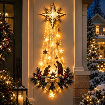 Decoración Mural Nacimiento iluminada con Estrella Belén, Luces LED cálidas | Decoración de pared colgante para Navidad