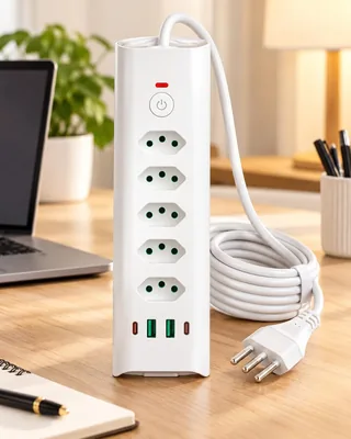Extensão Elétrica 5 Tomadas, 2 USB-A e 2 USB-C, Filtro de Linha, 3 Pinos 10A e 20A, 2 Metros, Interr