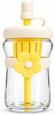 Minhaj Homeware Glass Tumbler Bottle with Silicone Sleeve and Straw 400ml - Butter Yellow