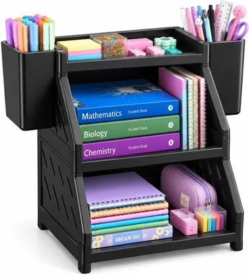 منظم مكتبي ثلاثي الطبقات، تصميم عصري، بلاستيك متين، مع جناحين مفتوحين